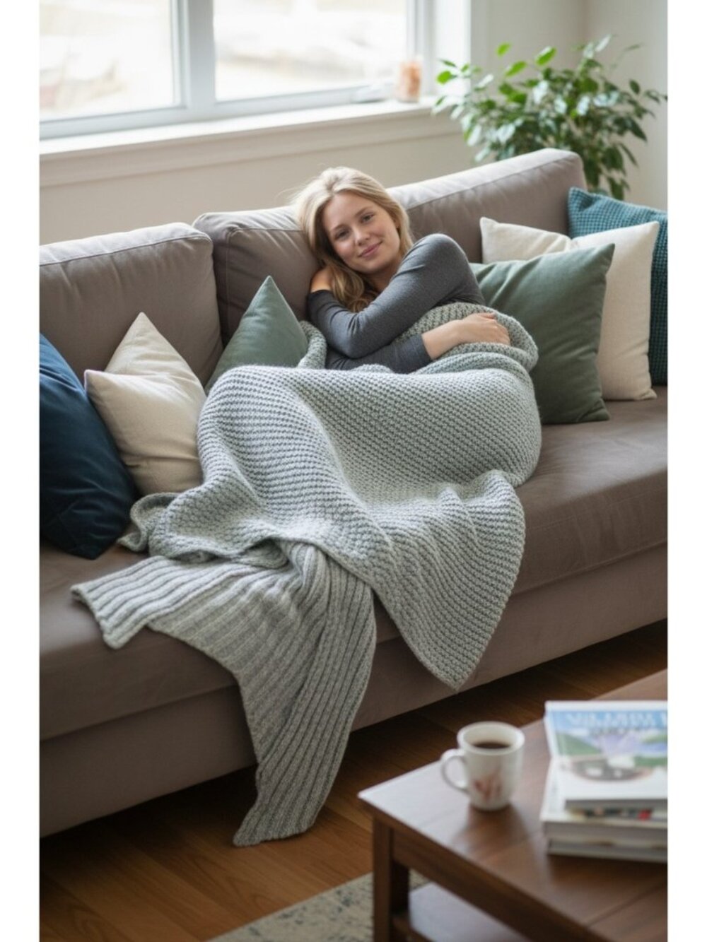 Chunky Knit Sage Green Throw Blanket Cable Knit Cozy Farmhouse Decor